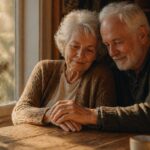 Elderly Couple Holding Hands By A Sunlit Window, Reflecting On An Alzheimer's Diagnosis After Loss.