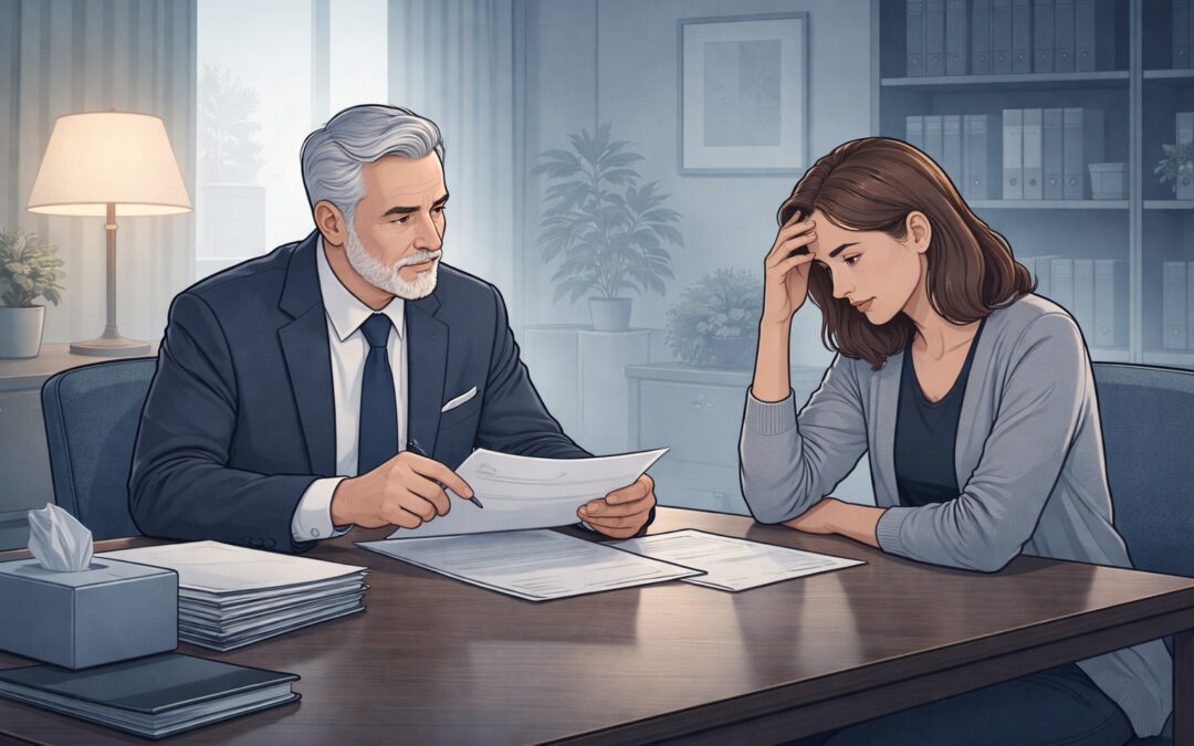 Attorney Reviewing Mesothelioma Wrongful Death Claim Documents With Grieving Family Member.