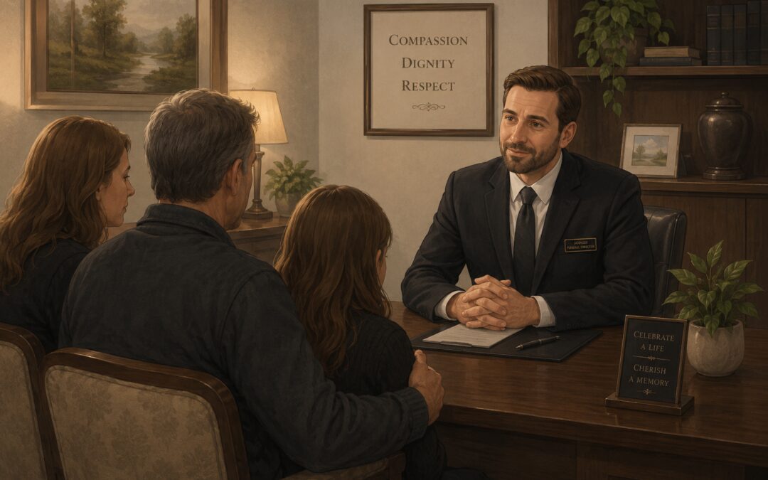 Funeral Director Consulting With A Grieving Family About Private Autopsy Services In A Funeral Home Office.