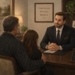 Funeral Director Consulting With A Grieving Family About Private Autopsy Services In A Funeral Home Office.