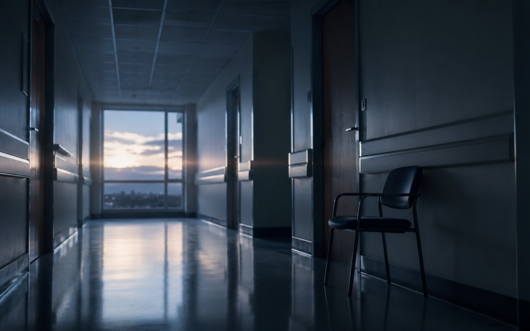 Empty Chair In A Dim Hospital Corridor At Dusk Representing Family Rights After Unexpected Hospital Death.