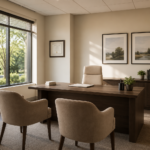 Private Medical Office With Desk And Empty Chairs For Independent Autopsy Consultation.