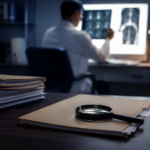 Forensic Pathologist Reviewing X-Ray Films For A Second Opinion Autopsy Case Review.