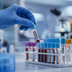 Gloved Hand Placing Labeled Blood Sample Vial Into Rack For Postmortem Toxicology Testing In A Forensic Laboratory.