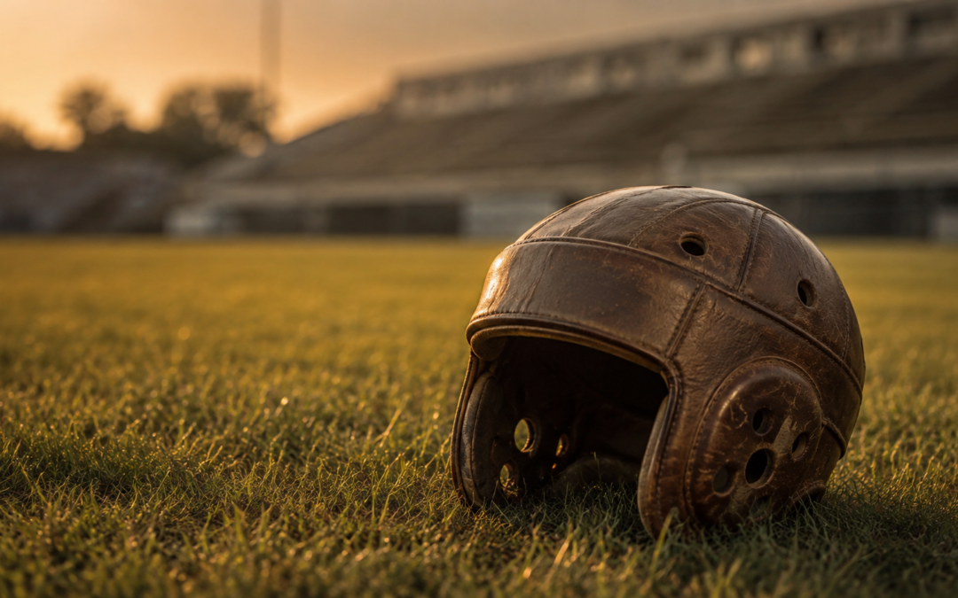Vintage Leather Football Helmet On Empty Field At Sunset Symbolizing CTE Brain Injury.