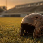 Vintage Leather Football Helmet On Empty Field At Sunset Symbolizing CTE Brain Injury.