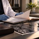 Forensic Pathologist Reviewing Autopsy Case File And Brain Scans For Exhumation Investigation