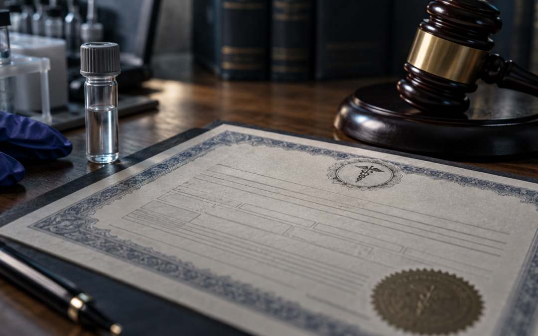 Fentanyl Death Certificate Beside Toxicology Test Vials And Courtroom Gavel