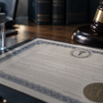 Fentanyl Death Certificate Beside Toxicology Test Vials And Courtroom Gavel
