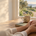 Caregiver Holding Elderly Relative’s Hands Beside A Window Overlooking A Forked Path, Symbolizing The Brain Donation Decision