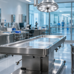 Hospital Autopsy Services Suite With Two Pathology Team Members In Scrubs And Face Shields Preparing Instruments Beside A Stainless Steel Autopsy Table